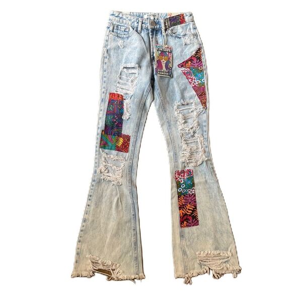 Almost famous Boho Vintage Patchwork Distressed Wide Jeg Women's Jeans Denim - Picture 1 of 11